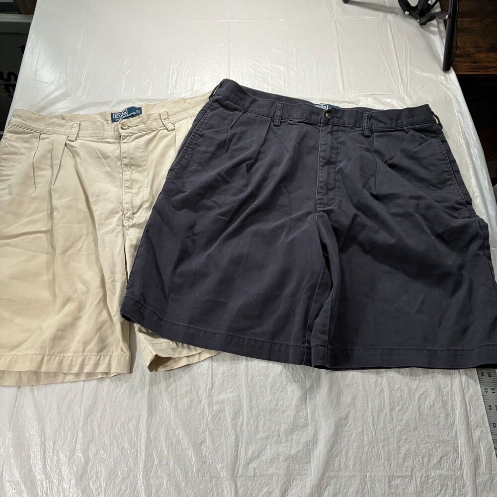 Lot of (2) Vintage Polo Ralph Lauren Tyler Shorts 36 x 9" Inseam Navy and Tan